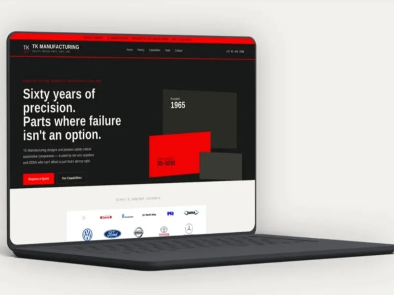 TK Manufacturing website shown on a laptop